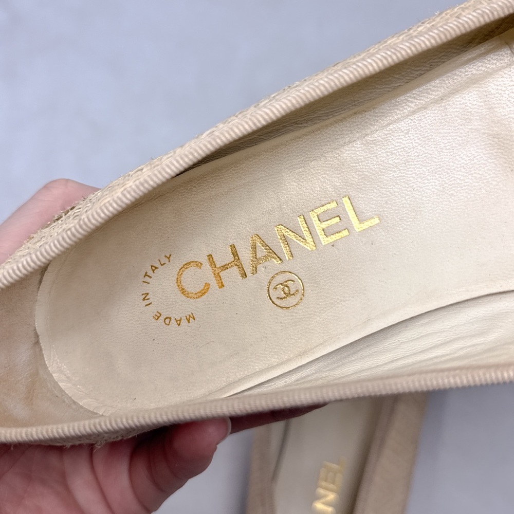 CHANEL Vintage Y2K Raffia Woven CC Coco Mark Leather Cap Toe Ballet Flats 38.5 - Picture 9 of 14